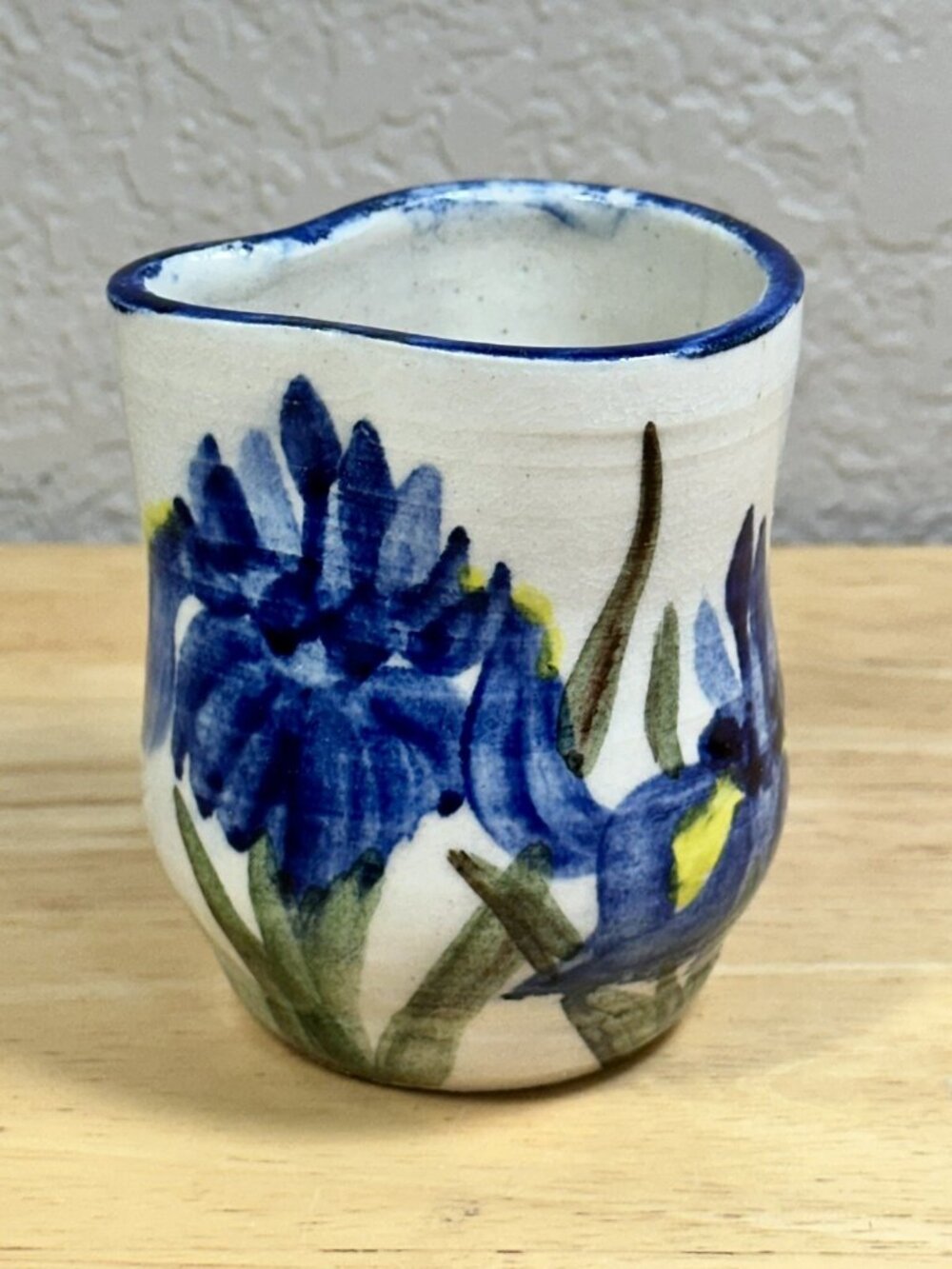 Studio Pottery Creamer Blue Iris Small Hand Thrown Handleless Signed Xydes 3”